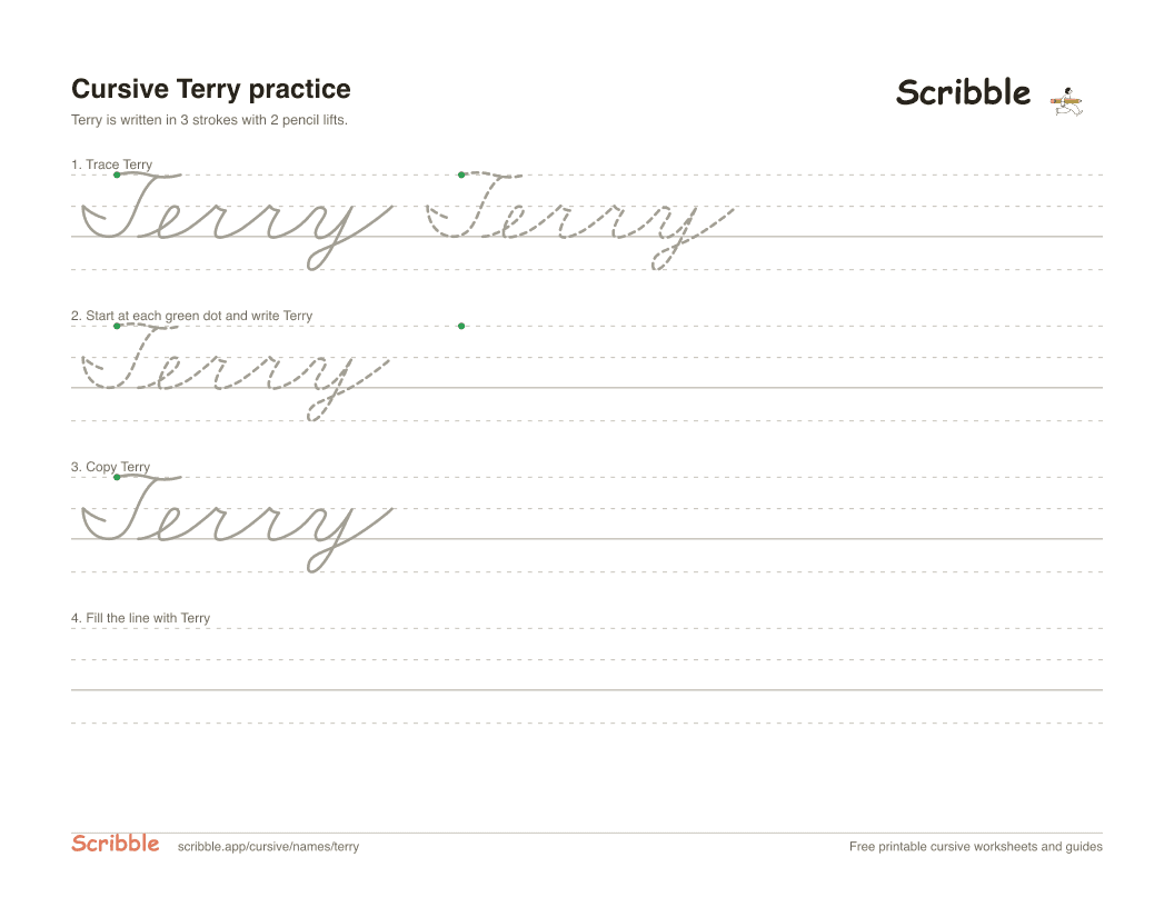 Preview of the printable Terry in cursive worksheet: trace, copy, and practice rows
