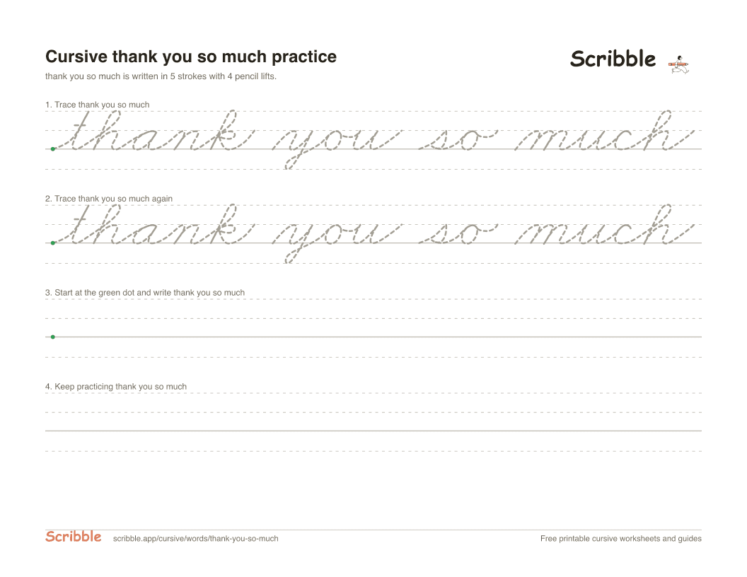 Preview of the printable thank you so much in cursive worksheet: trace, copy, and practice rows