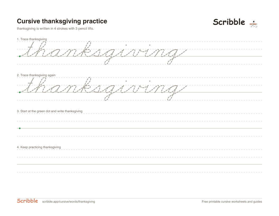 Preview of the printable thanksgiving in cursive worksheet: trace, copy, and practice rows