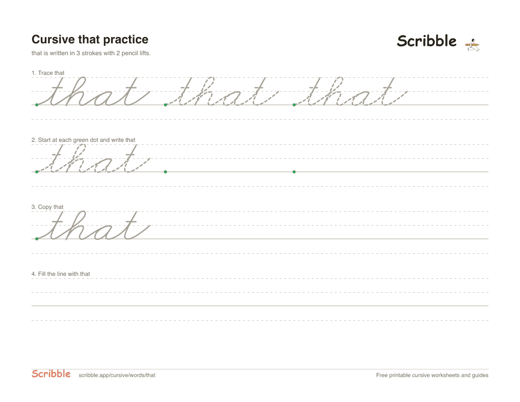 Preview of the printable that in cursive worksheet: trace, copy, and practice rows