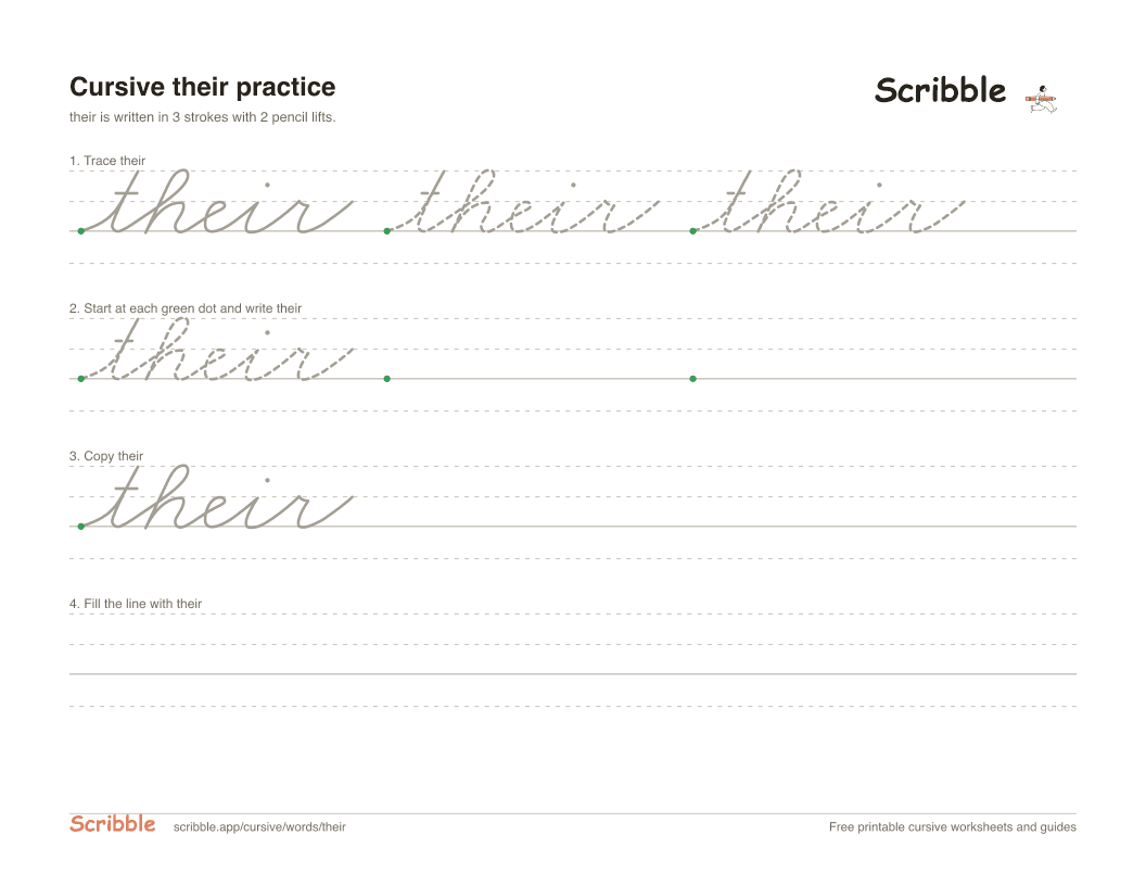 Preview of the printable their in cursive worksheet: trace, copy, and practice rows