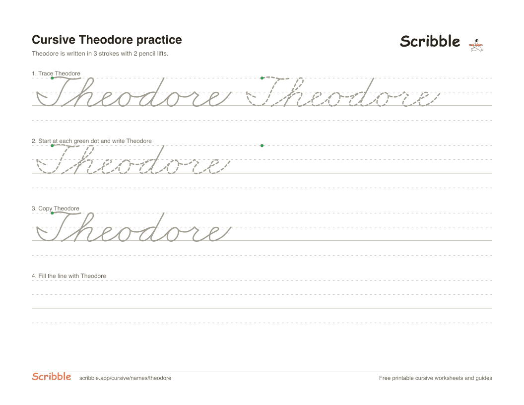 Preview of the printable Theodore in cursive worksheet: trace, copy, and practice rows