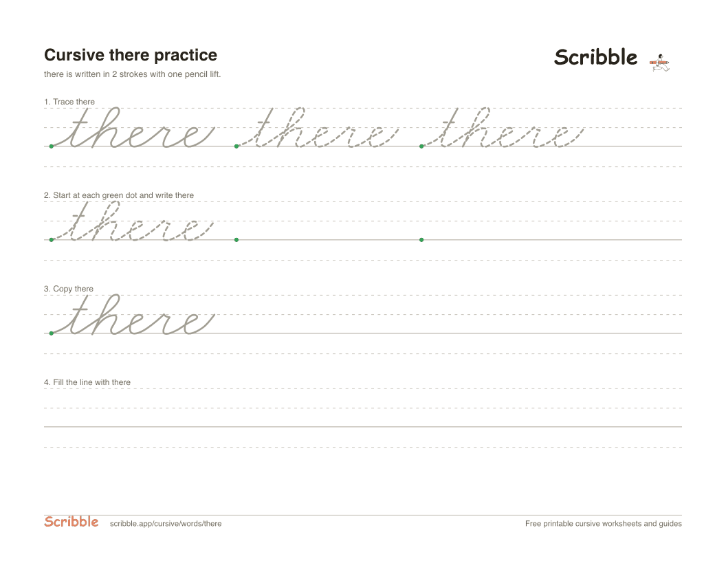 Preview of the printable there in cursive worksheet: trace, copy, and practice rows