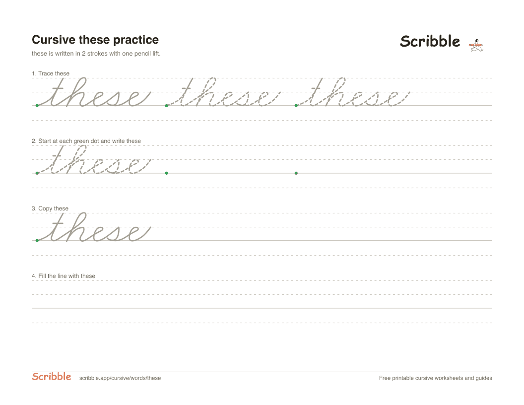 Preview of the printable these in cursive worksheet: trace, copy, and practice rows