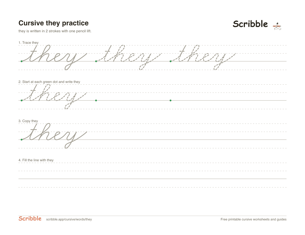 Preview of the printable they in cursive worksheet: trace, copy, and practice rows