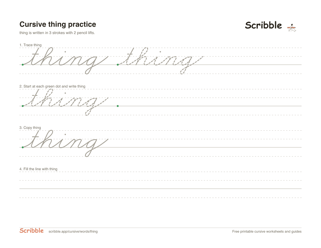 Preview of the printable thing in cursive worksheet: trace, copy, and practice rows