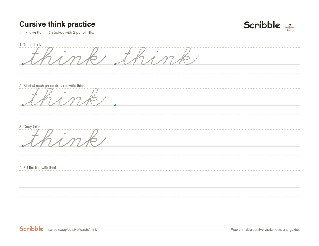 Preview of the printable think in cursive worksheet: trace, copy, and practice rows