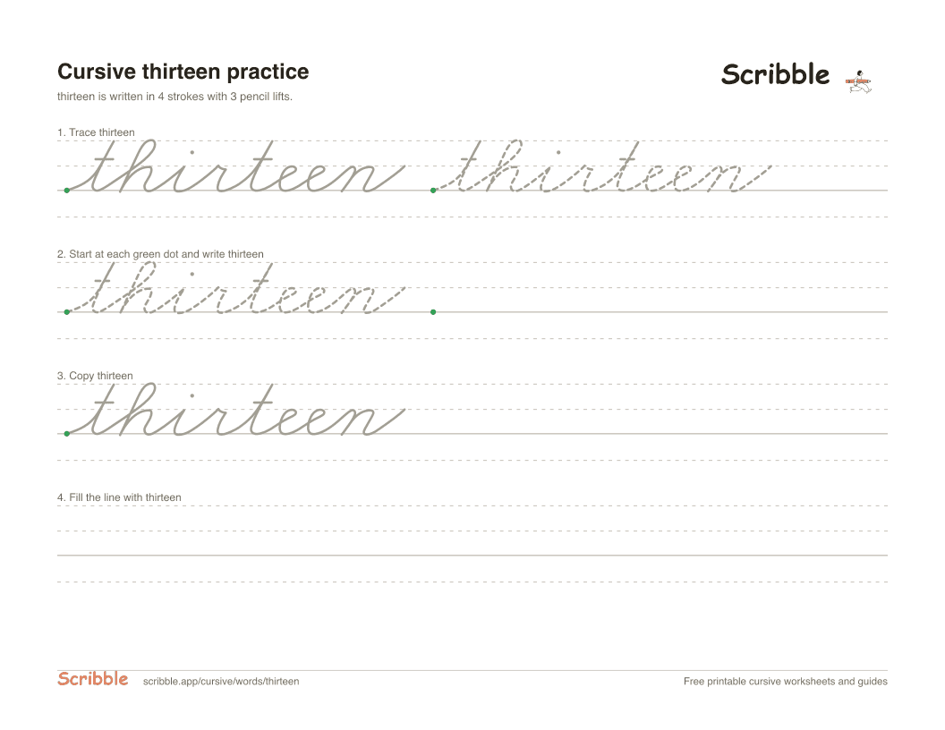 Preview of the printable thirteen in cursive worksheet: trace, copy, and practice rows