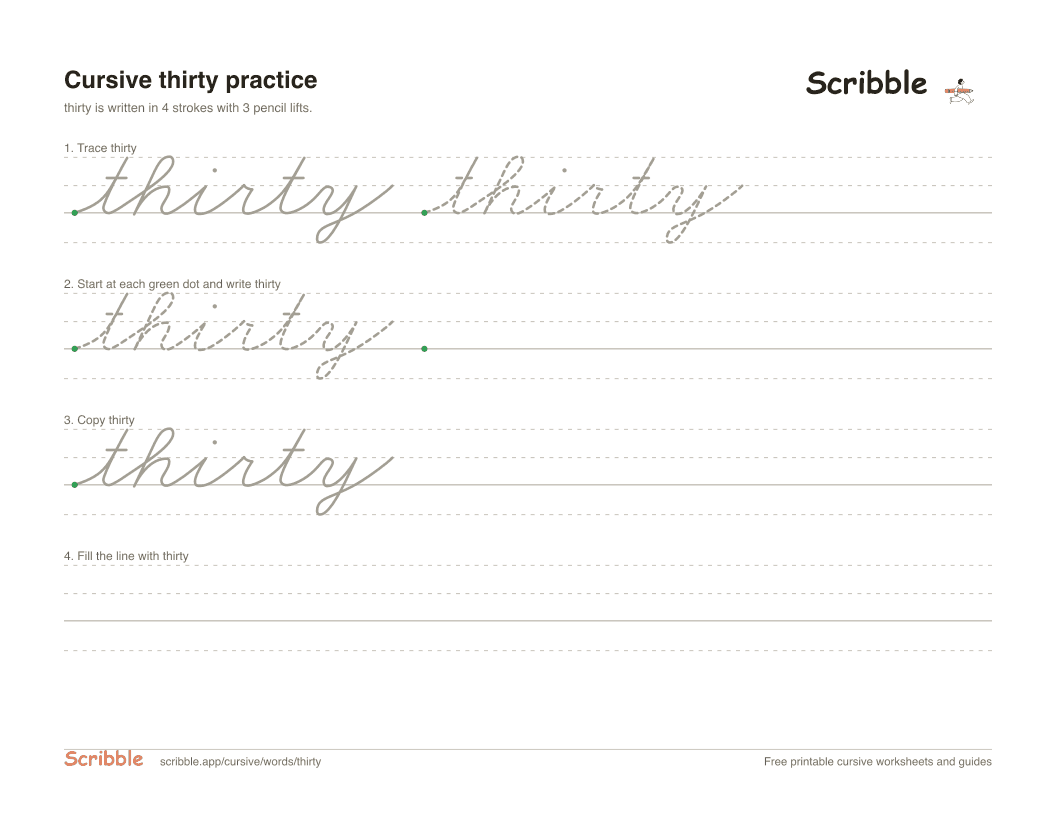 Preview of the printable thirty in cursive worksheet: trace, copy, and practice rows