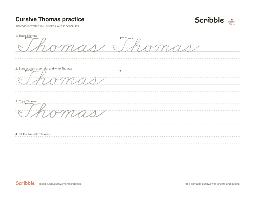 Preview of the printable Thomas in cursive worksheet: trace, copy, and practice rows