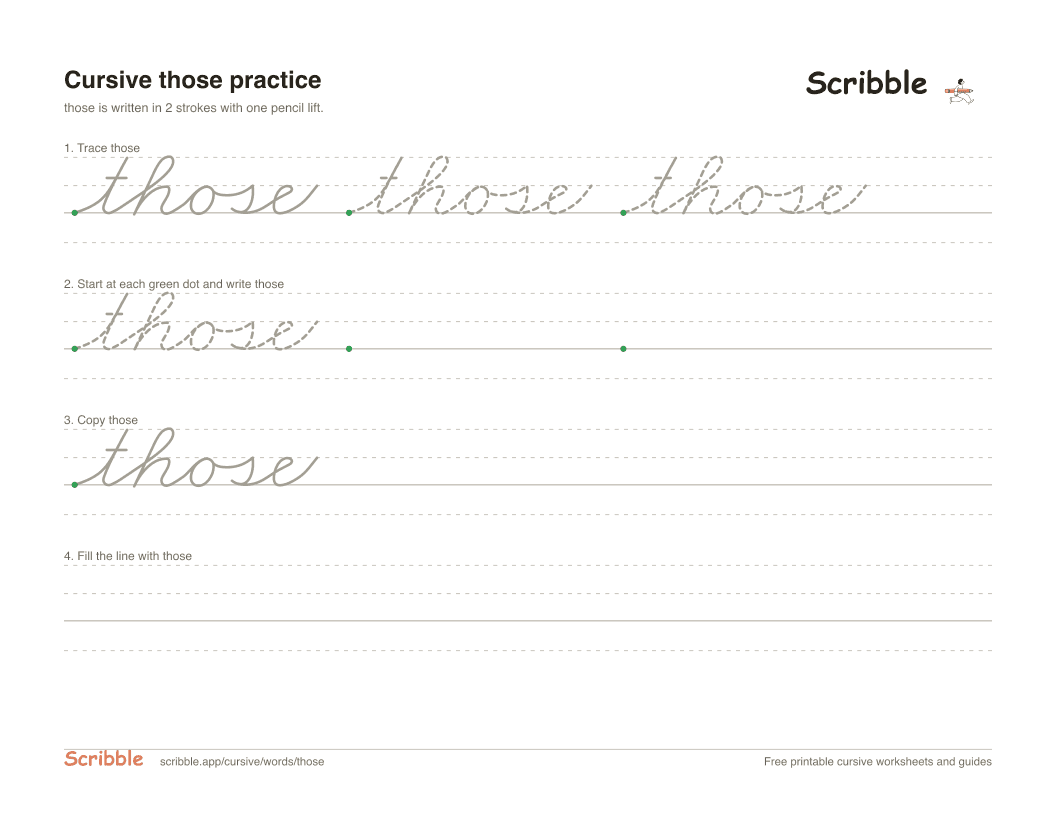 Preview of the printable those in cursive worksheet: trace, copy, and practice rows
