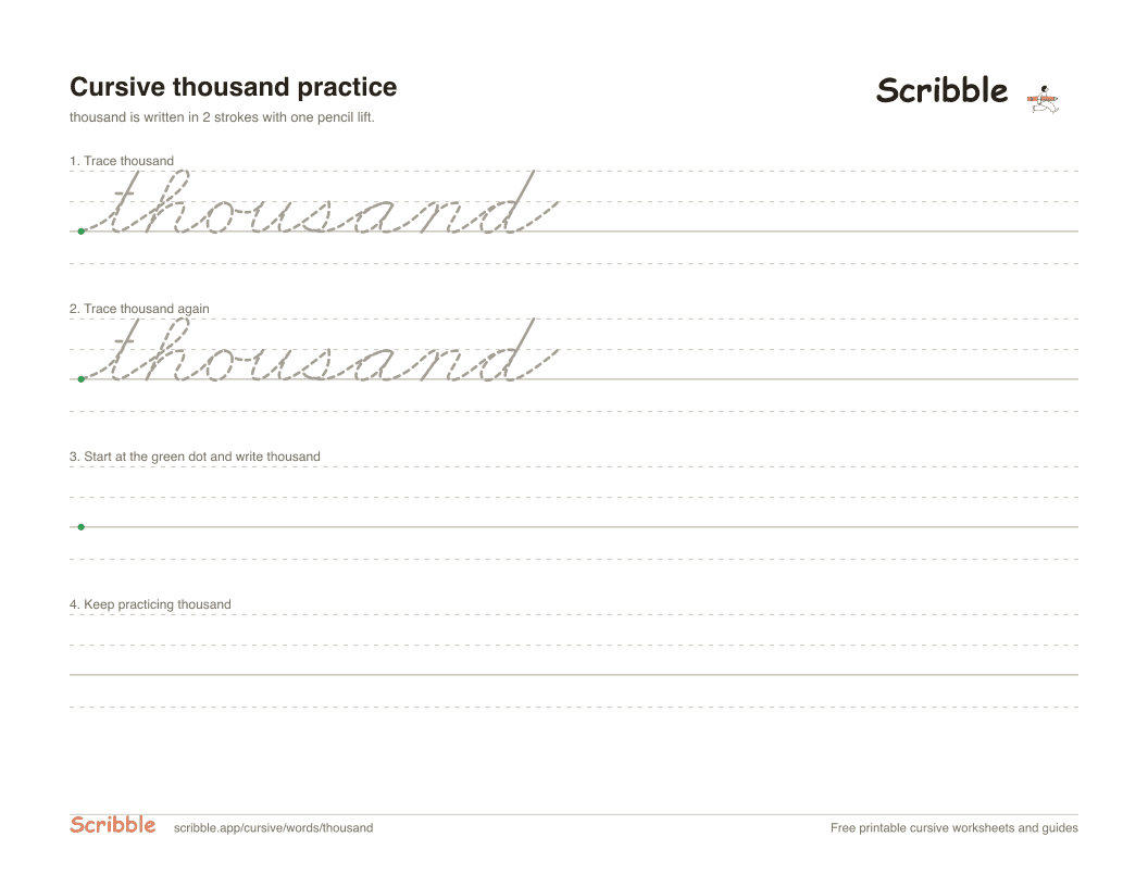 Preview of the printable thousand in cursive worksheet: trace, copy, and practice rows