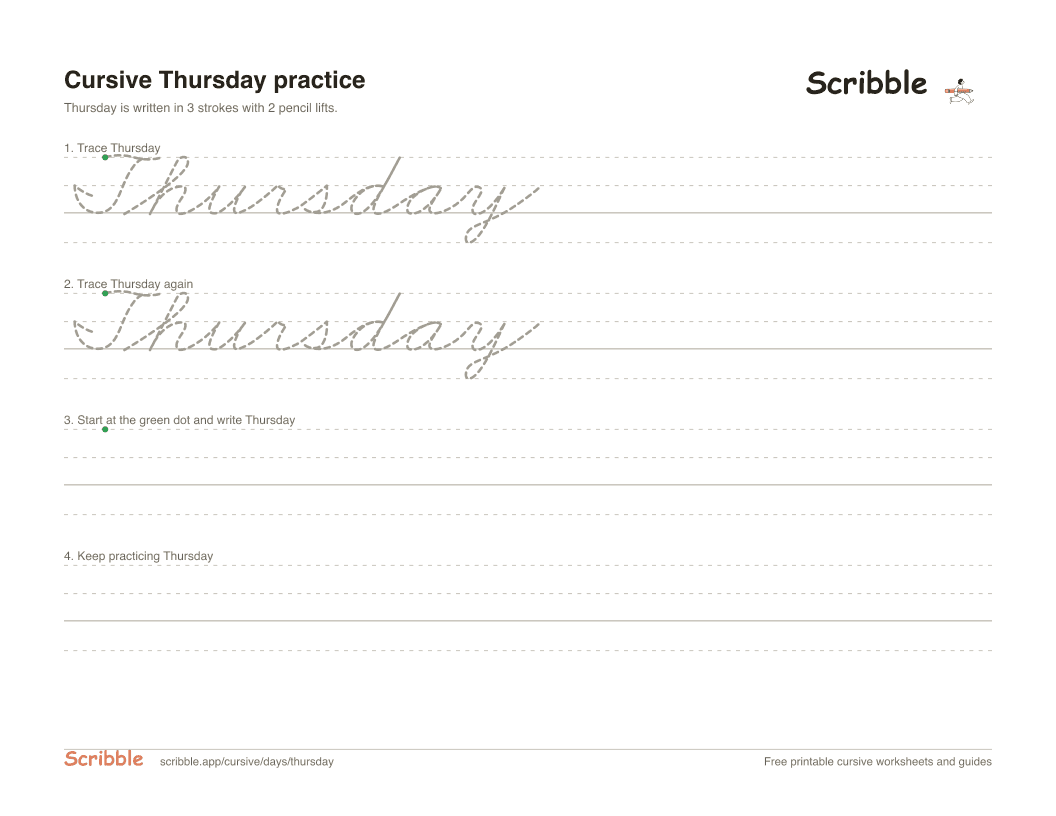 Preview of the printable Thursday in cursive worksheet: trace, copy, and practice rows