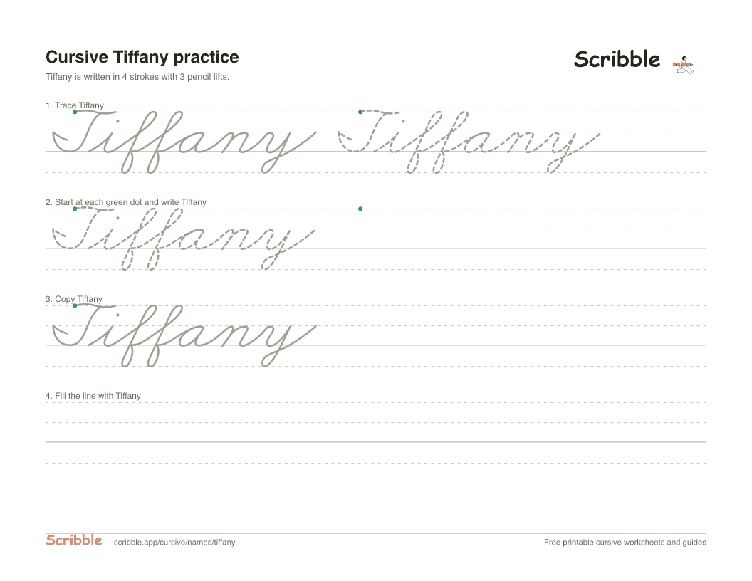Preview of the printable Tiffany in cursive worksheet: trace, copy, and practice rows