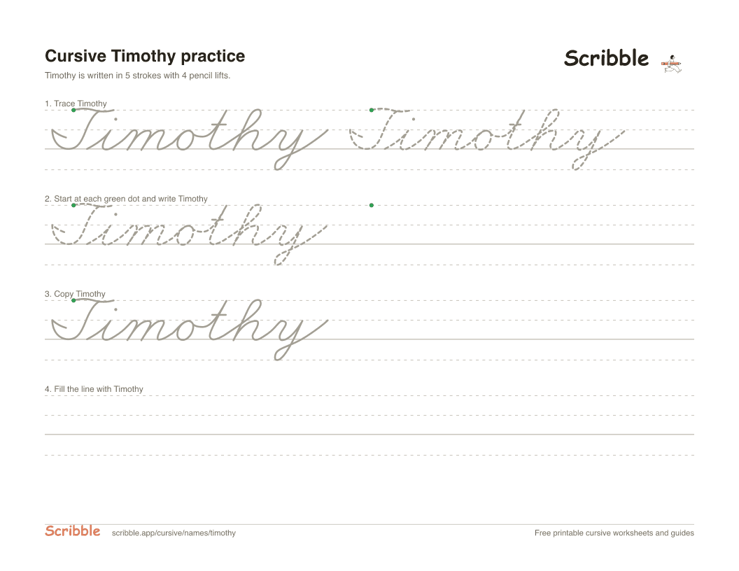 Preview of the printable Timothy in cursive worksheet: trace, copy, and practice rows