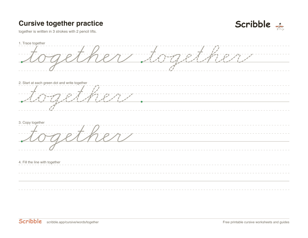 Preview of the printable together in cursive worksheet: trace, copy, and practice rows