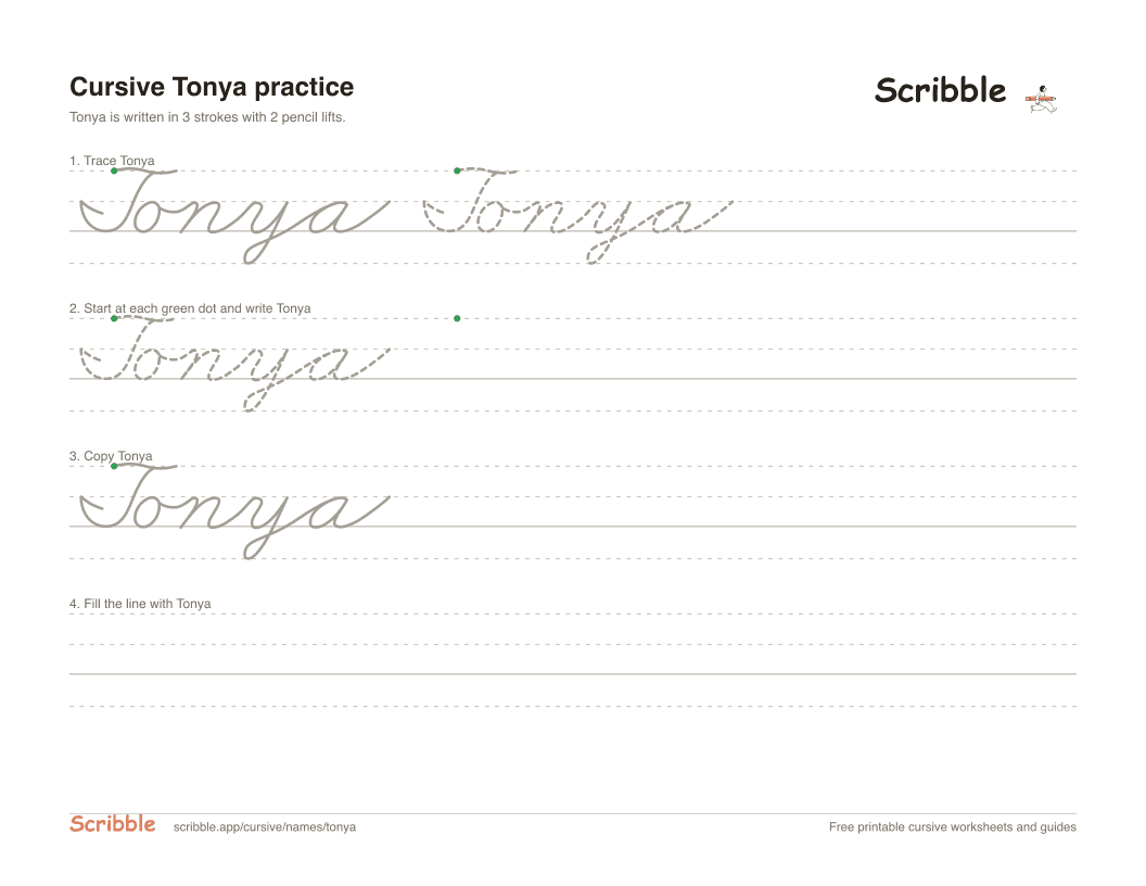 Preview of the printable Tonya in cursive worksheet: trace, copy, and practice rows