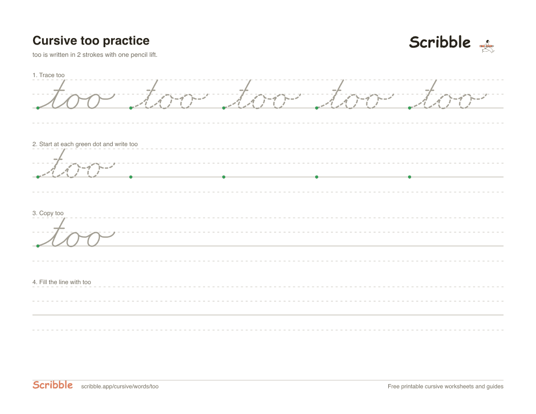 Preview of the printable too in cursive worksheet: trace, copy, and practice rows