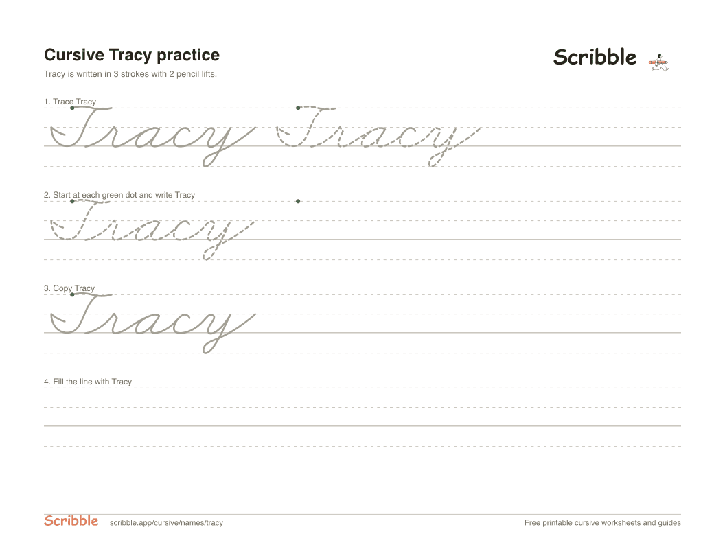 Preview of the printable Tracy in cursive worksheet: trace, copy, and practice rows