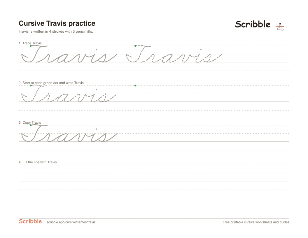 Preview of the printable Travis in cursive worksheet: trace, copy, and practice rows