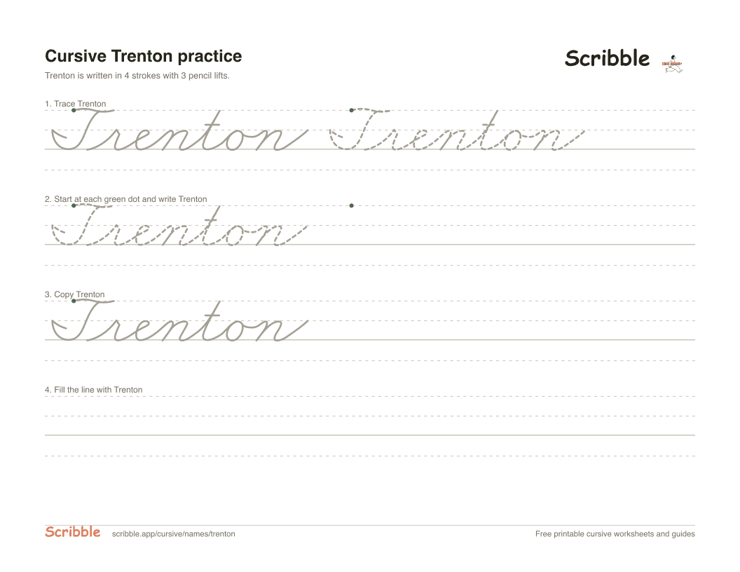 Preview of the printable Trenton in cursive worksheet: trace, copy, and practice rows