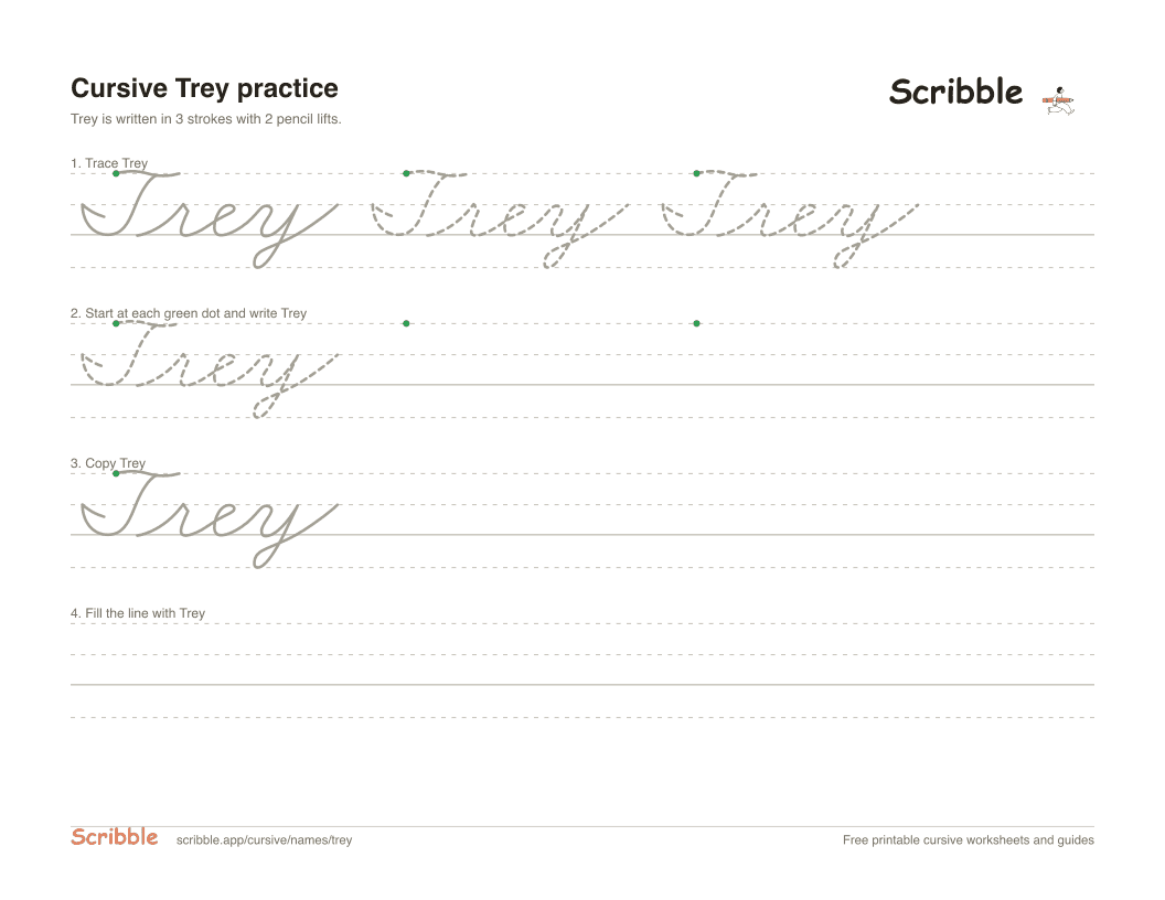Preview of the printable Trey in cursive worksheet: trace, copy, and practice rows
