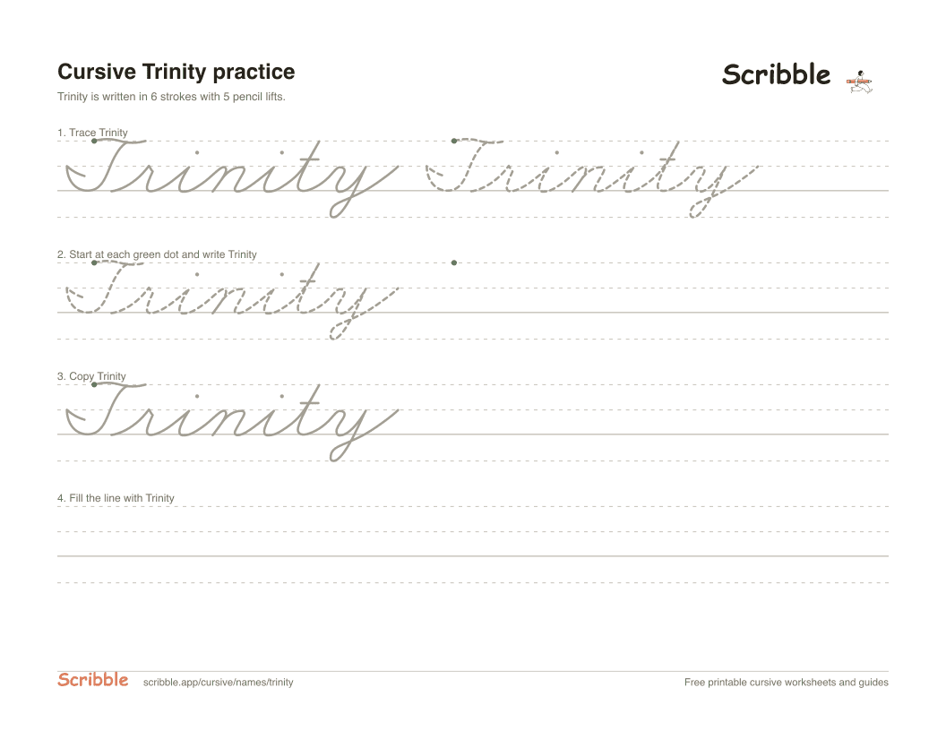 Preview of the printable Trinity in cursive worksheet: trace, copy, and practice rows