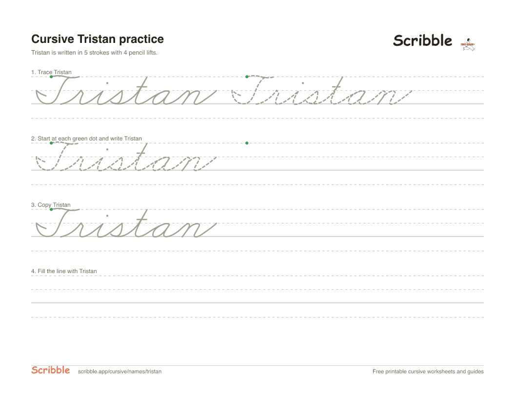 Preview of the printable Tristan in cursive worksheet: trace, copy, and practice rows