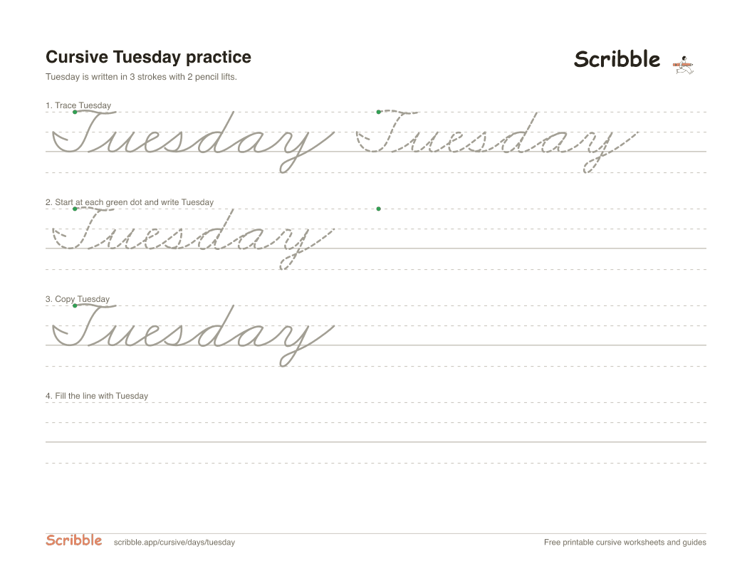 Preview of the printable Tuesday in cursive worksheet: trace, copy, and practice rows