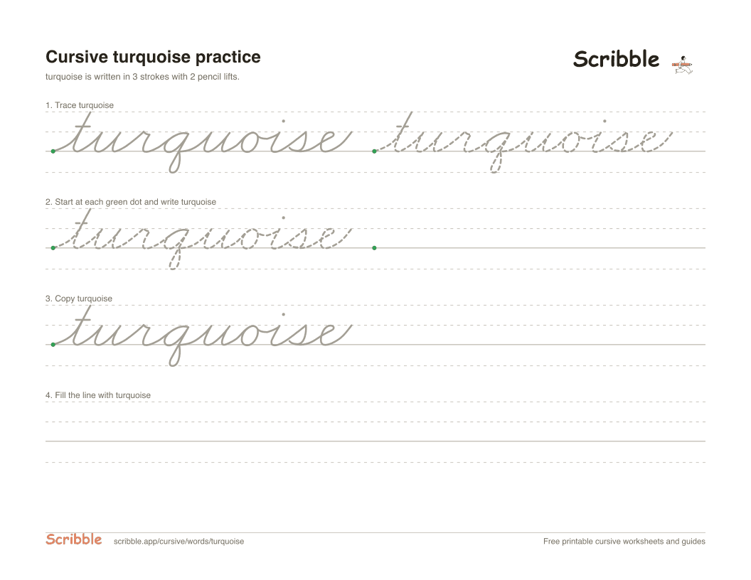 Preview of the printable turquoise in cursive worksheet: trace, copy, and practice rows