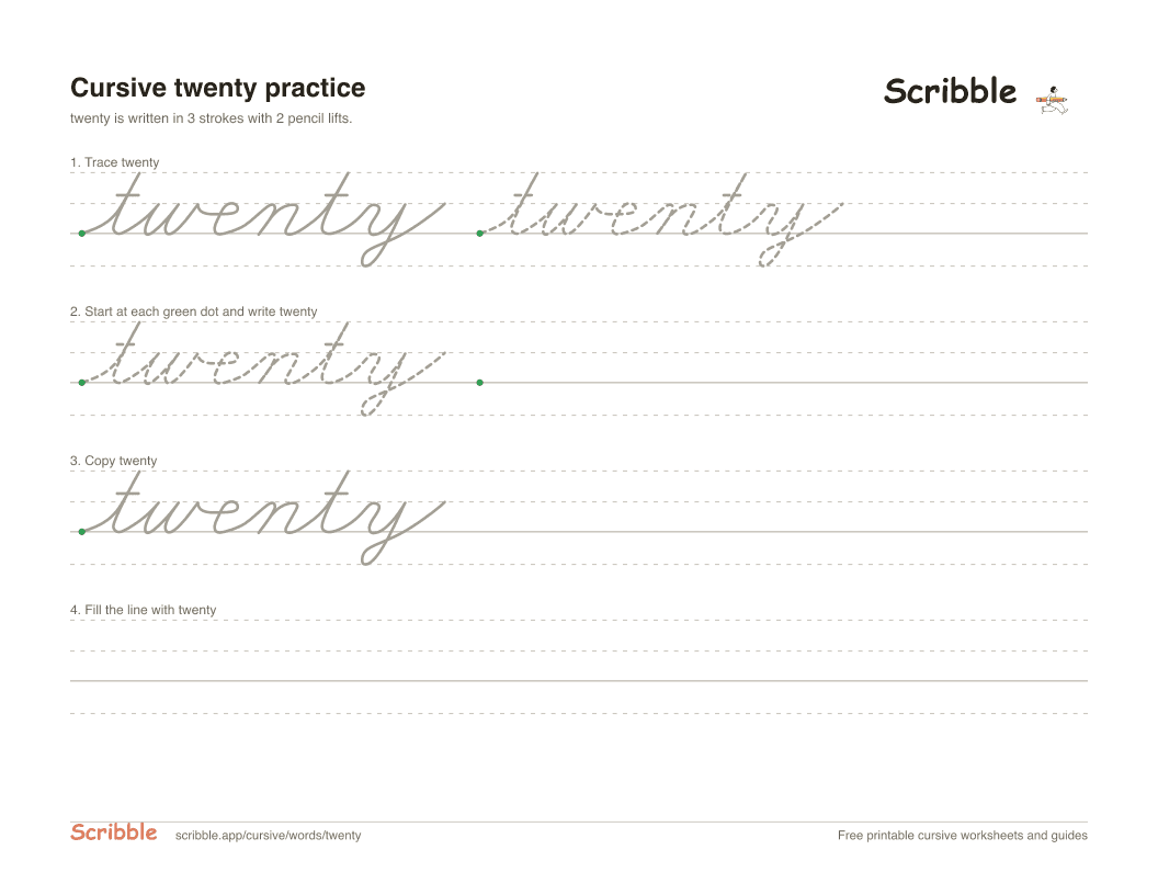 Preview of the printable twenty in cursive worksheet: trace, copy, and practice rows