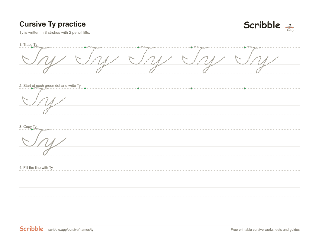 Preview of the printable Ty in cursive worksheet: trace, copy, and practice rows