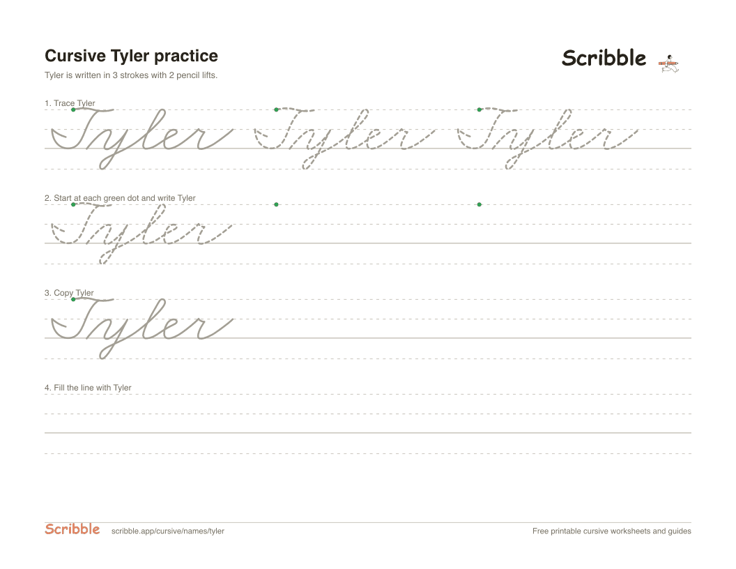 Preview of the printable Tyler in cursive worksheet: trace, copy, and practice rows