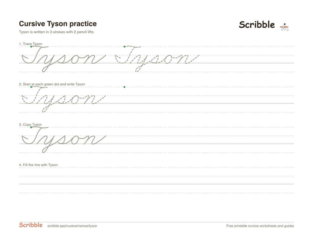 Preview of the printable Tyson in cursive worksheet: trace, copy, and practice rows
