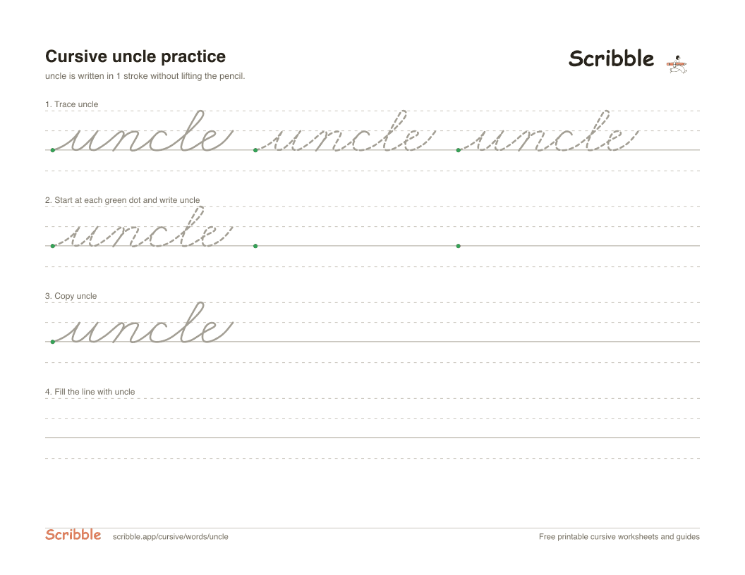 Preview of the printable uncle in cursive worksheet: trace, copy, and practice rows