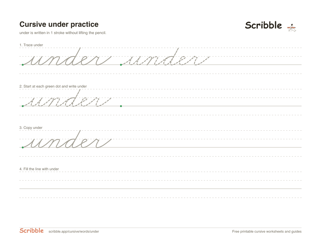 Preview of the printable under in cursive worksheet: trace, copy, and practice rows