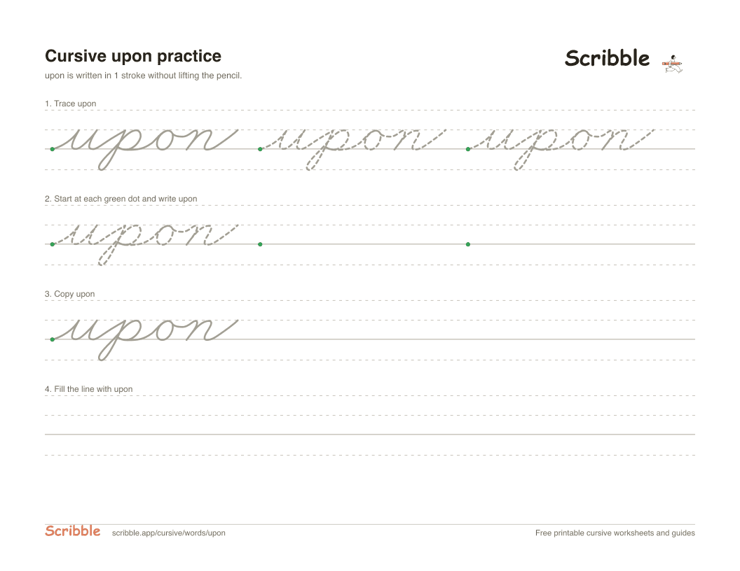 Preview of the printable upon in cursive worksheet: trace, copy, and practice rows