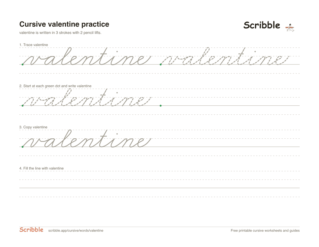 Preview of the printable valentine in cursive worksheet: trace, copy, and practice rows
