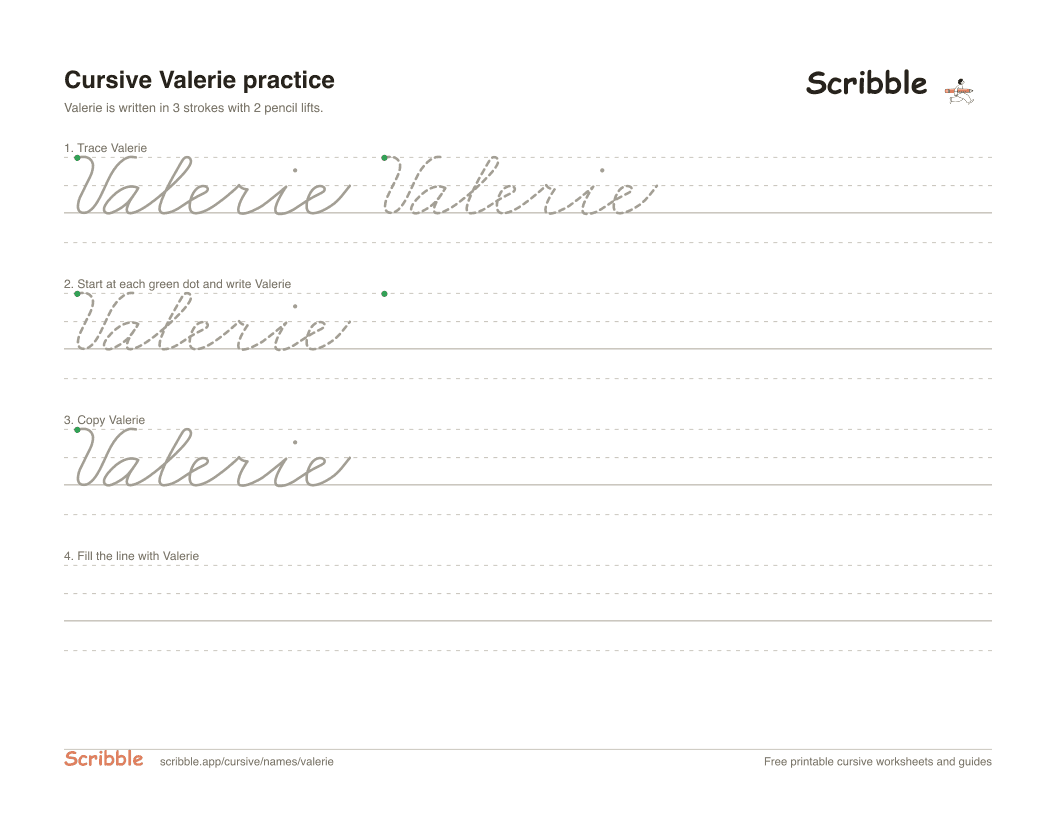 Preview of the printable Valerie in cursive worksheet: trace, copy, and practice rows