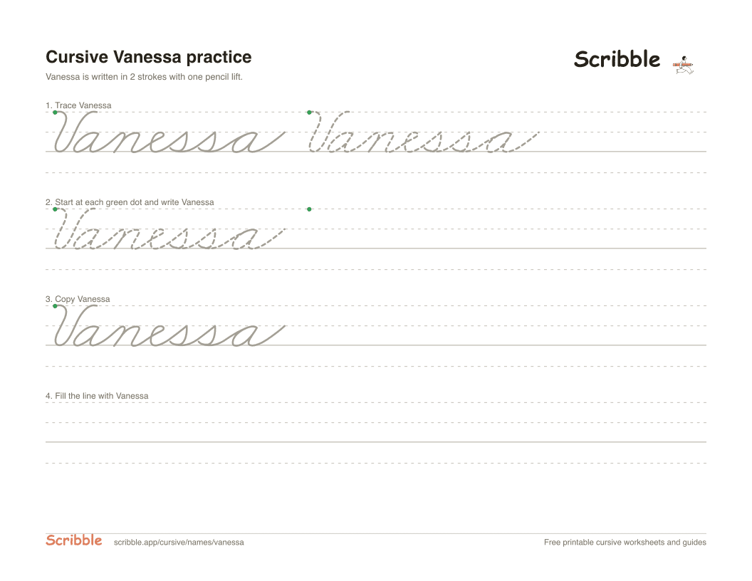Preview of the printable Vanessa in cursive worksheet: trace, copy, and practice rows