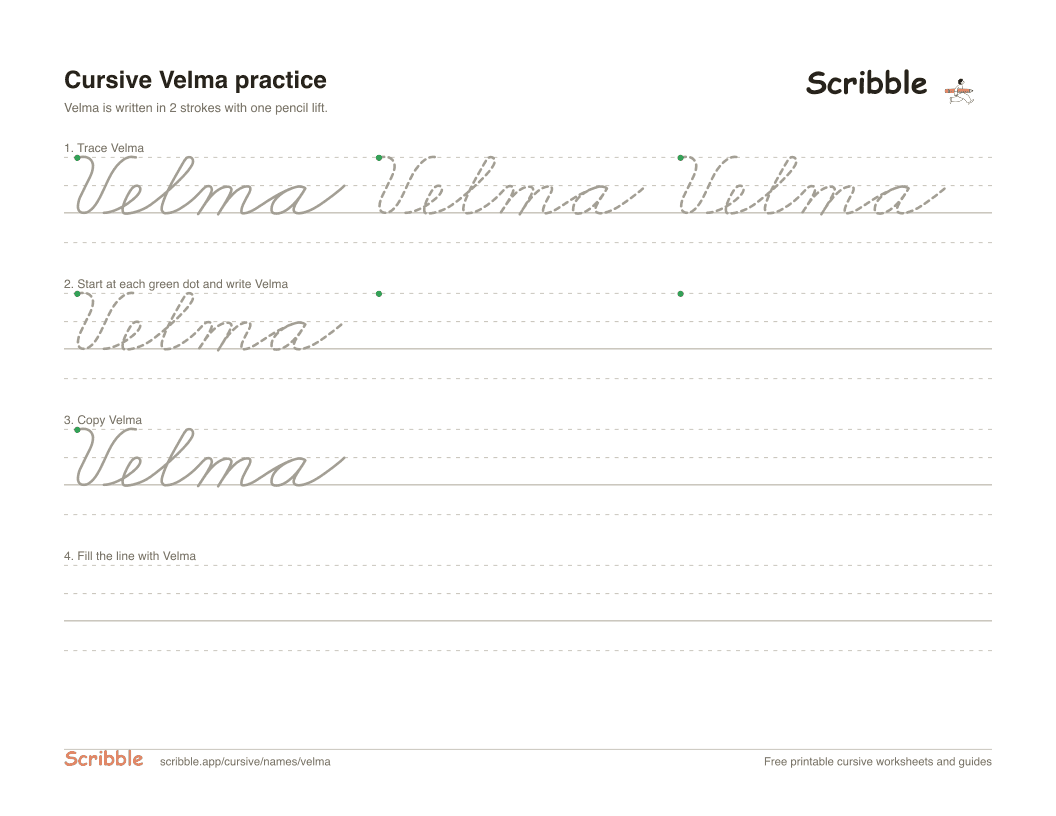 Preview of the printable Velma in cursive worksheet: trace, copy, and practice rows