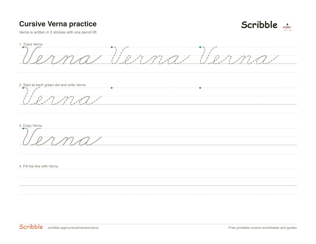 Preview of the printable Verna in cursive worksheet: trace, copy, and practice rows