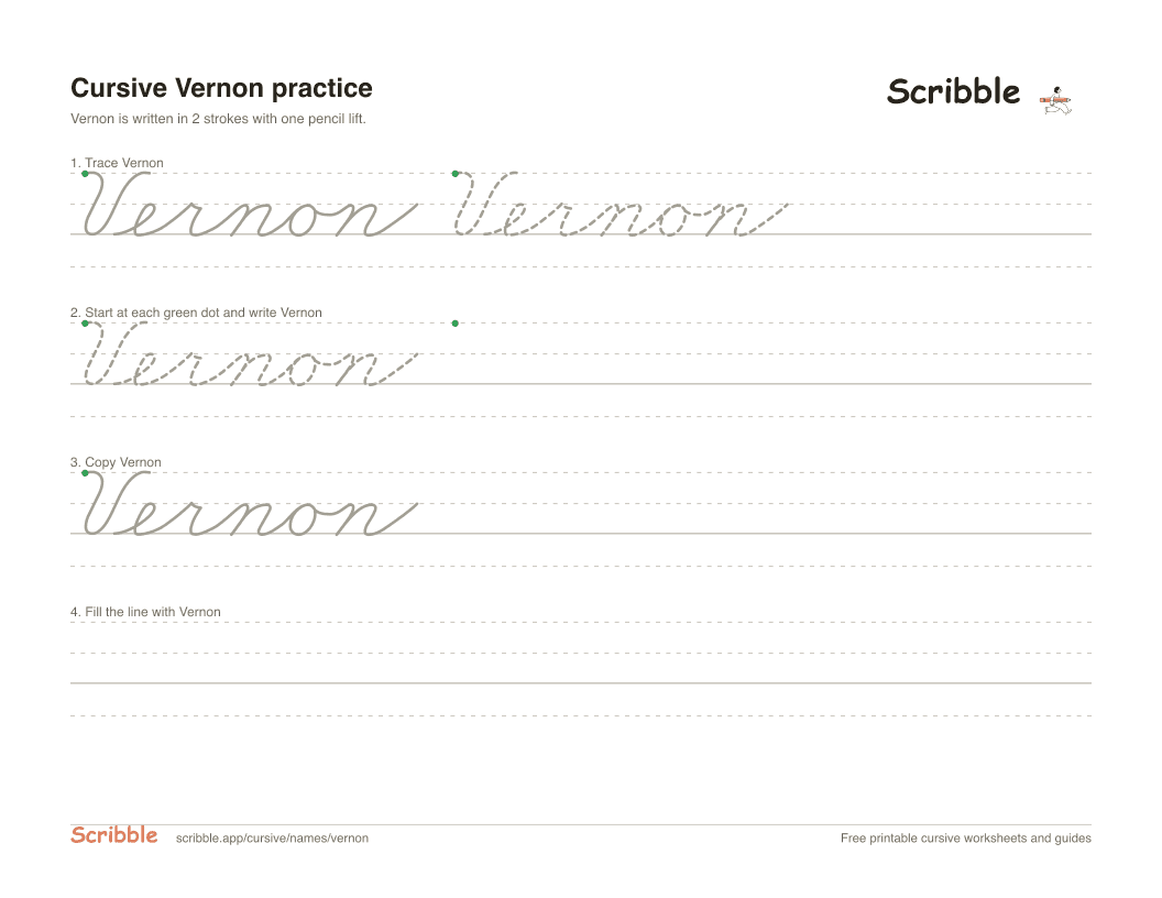 Preview of the printable Vernon in cursive worksheet: trace, copy, and practice rows