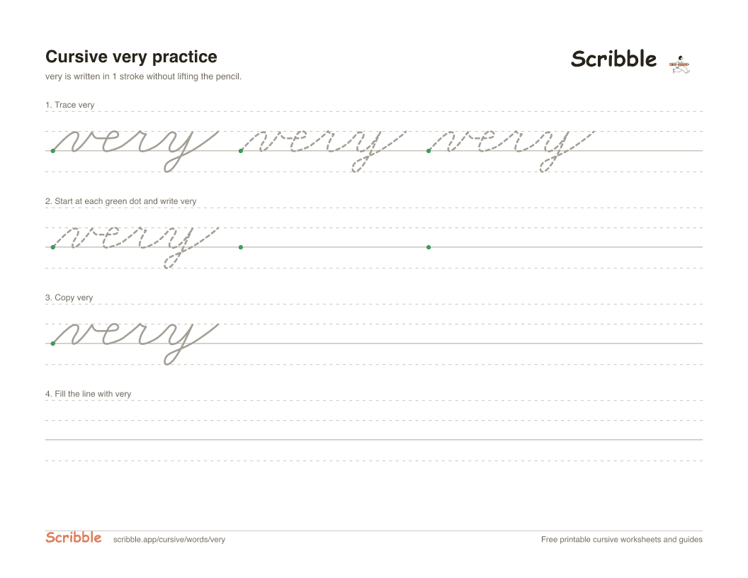 Preview of the printable very in cursive worksheet: trace, copy, and practice rows