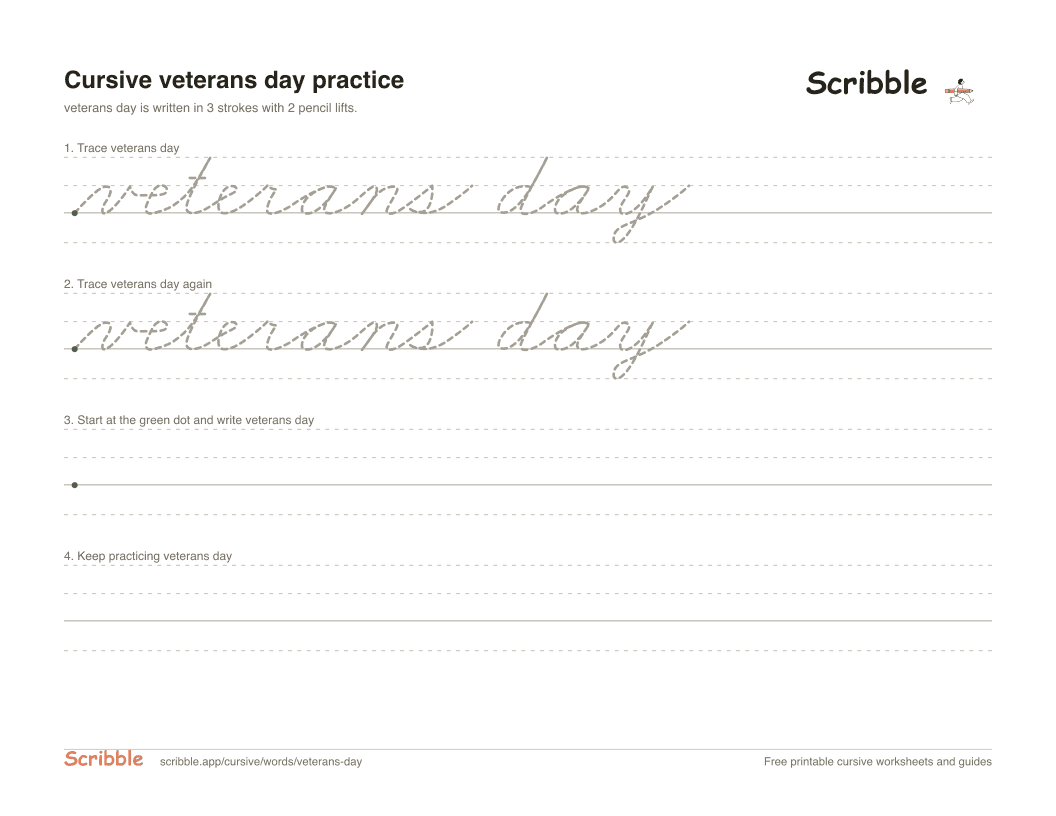 Preview of the printable veterans day in cursive worksheet: trace, copy, and practice rows