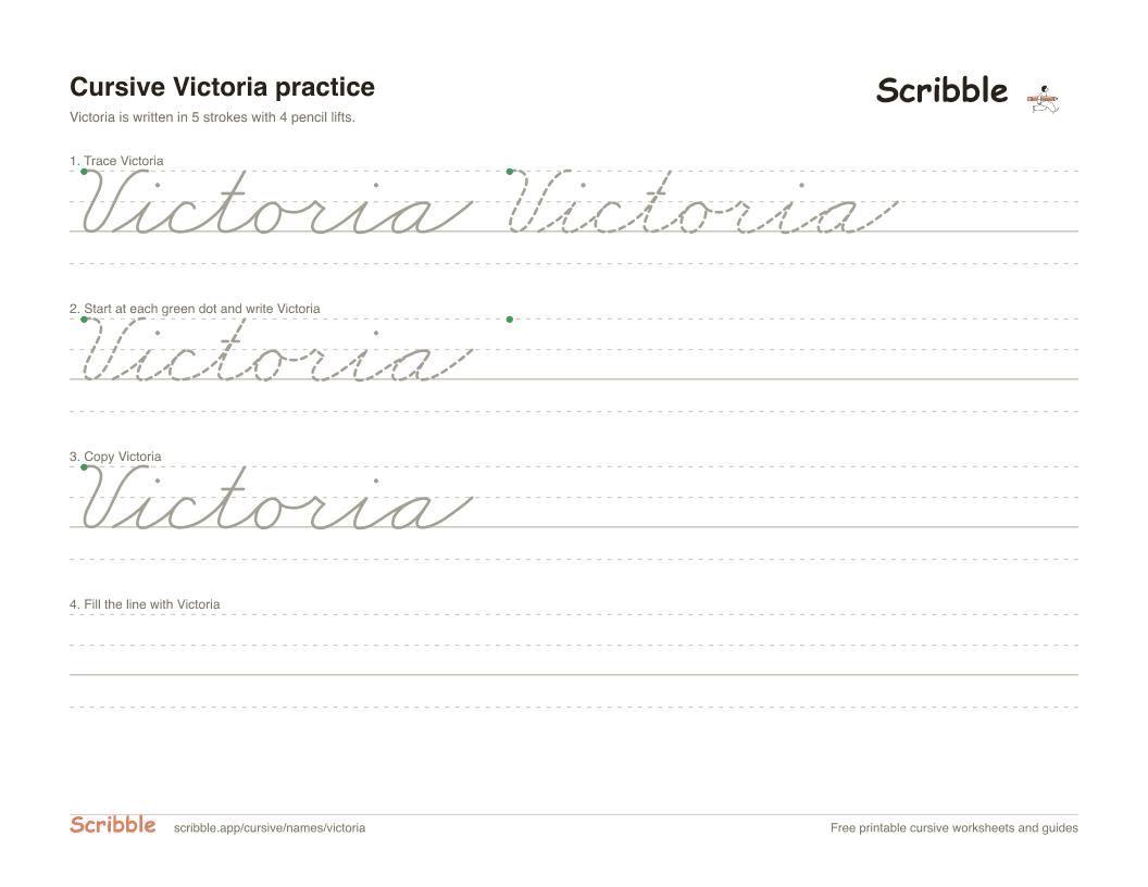 Preview of the printable Victoria in cursive worksheet: trace, copy, and practice rows