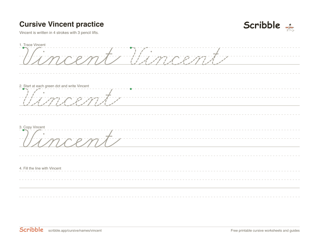 Preview of the printable Vincent in cursive worksheet: trace, copy, and practice rows
