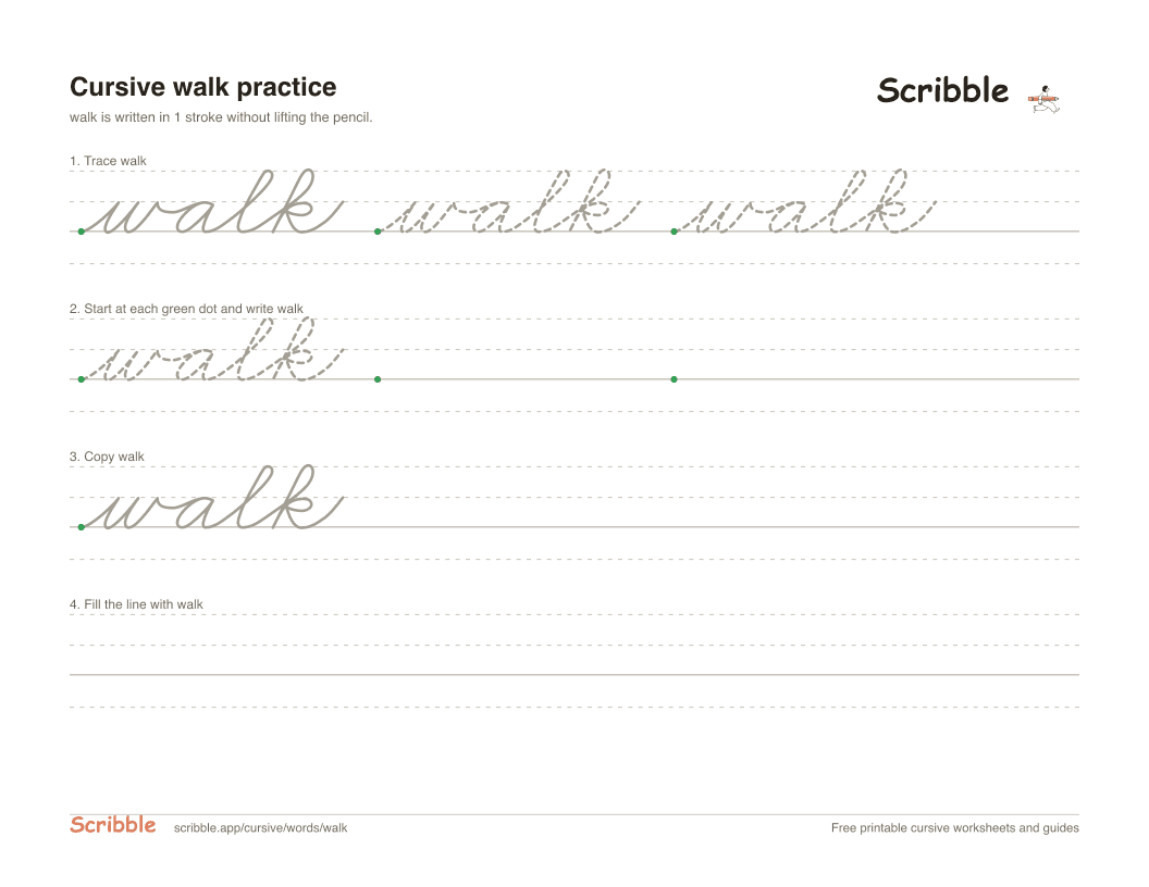 Preview of the printable walk in cursive worksheet: trace, copy, and practice rows