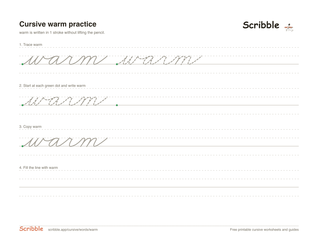 Preview of the printable warm in cursive worksheet: trace, copy, and practice rows