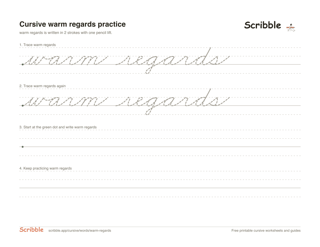 Preview of the printable warm regards in cursive worksheet: trace, copy, and practice rows
